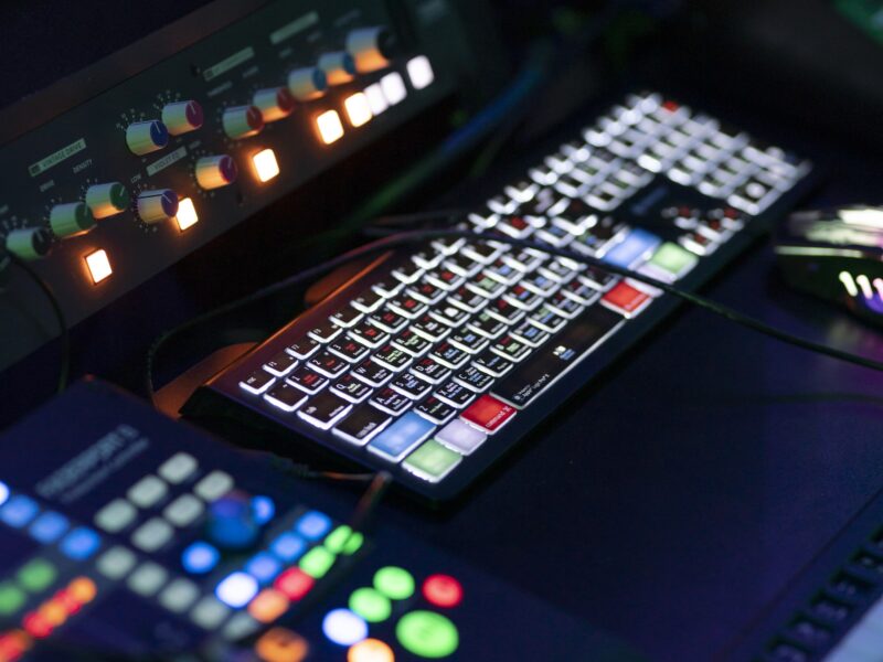 A set of electronic equipment in a dark room.