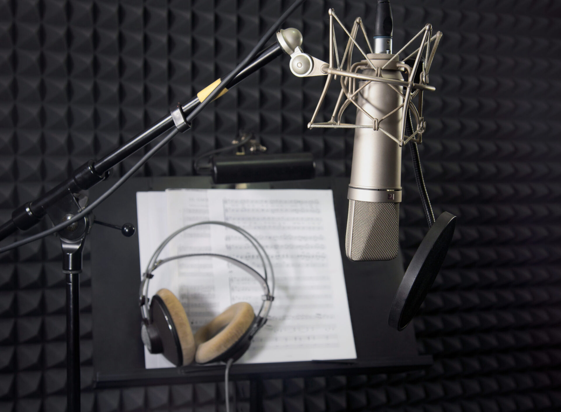 Prices and packages for a recording studio with microphone, headphones, and music sheet available.